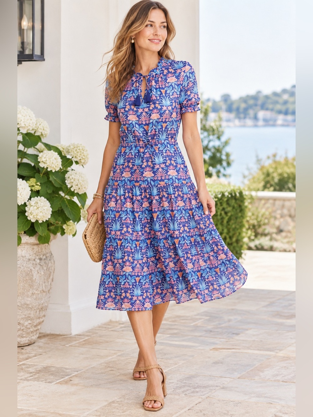 J.McLaughlin Silk Blend Blue & Pink Floral Tie-Waist Midi Dress size XS NWOT